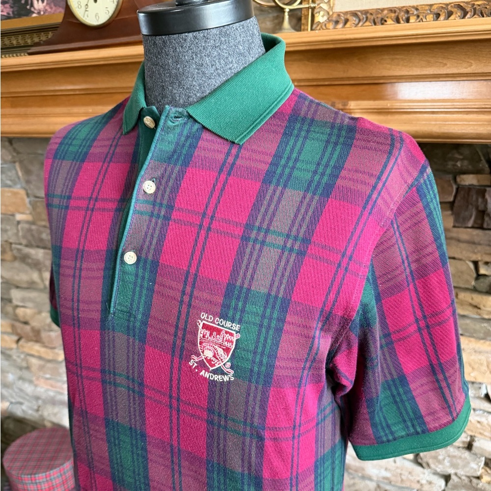 ST. ANDREWS Vintage Red & Green Tartan All Cotton ‘Old Course’ Polo Shirt - MED